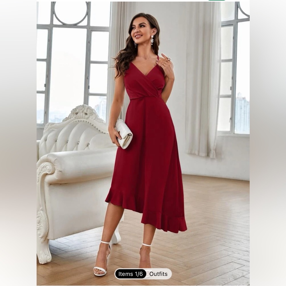 Criss cross back asymmetrical ruffle hem cami dress burgundy